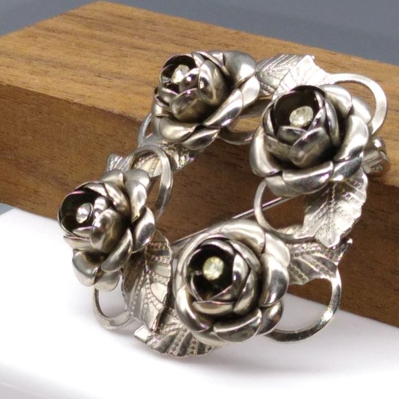 Silver Tone Wreath of Roses Brooch, Floral Circle with Crystal Center Flowers - Picture 4 of 5